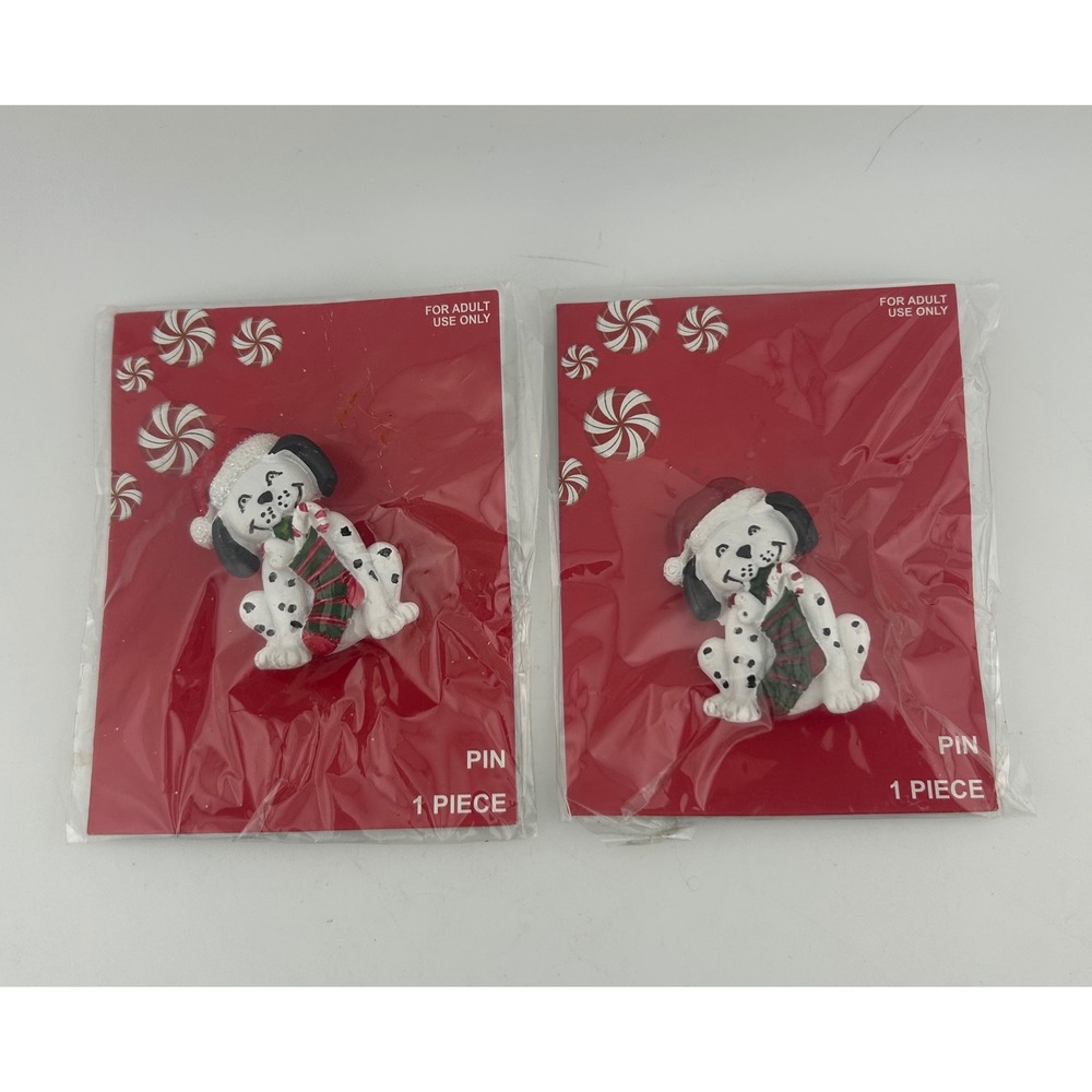 Vintage Dalmatian Dog Christmas Pin With Santa Hat And Candy Cane Set Of Two